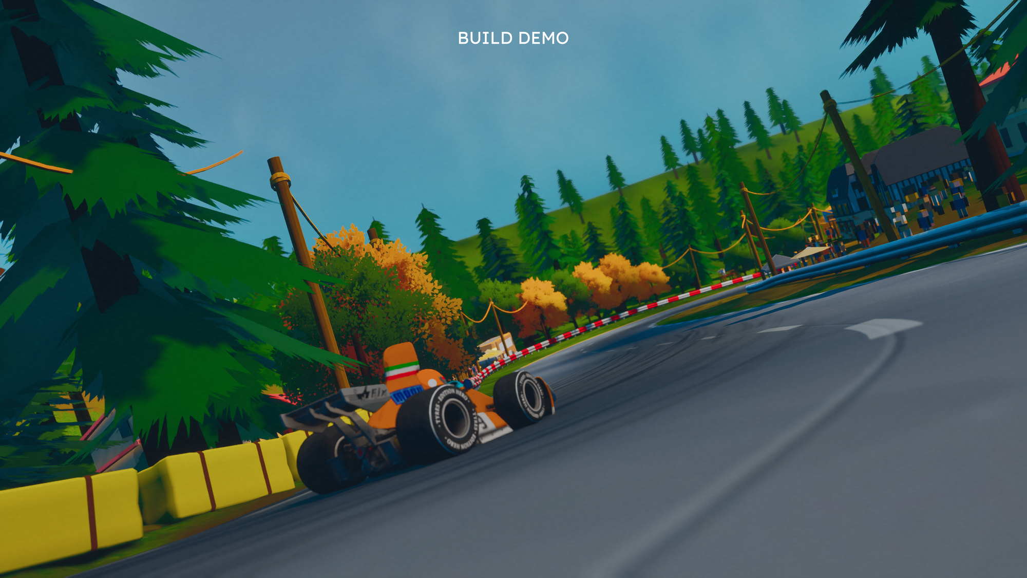 A orange, with italian tricolore stripped classic Formula 1 car goes through a S-Bend section at a rustic, forested race track. It's in the cartoony visual style, with this being a screenshot from the Formula Legends demo.