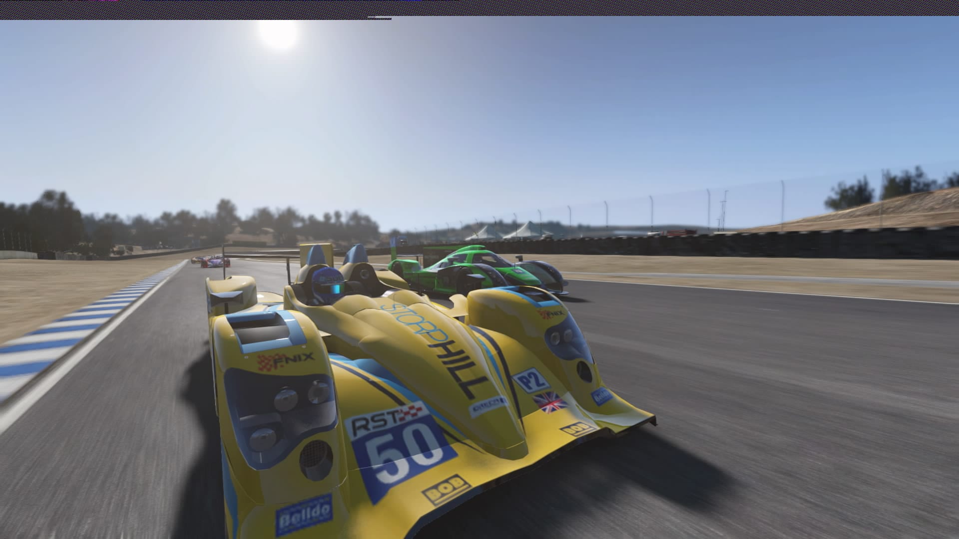A yellow and blue Oreca 03 open-top prototype is side by side with a black and green fictional closed prototype at Weathertech Raceway Laguna Seca. This is a screenshot from Project CARS 1.