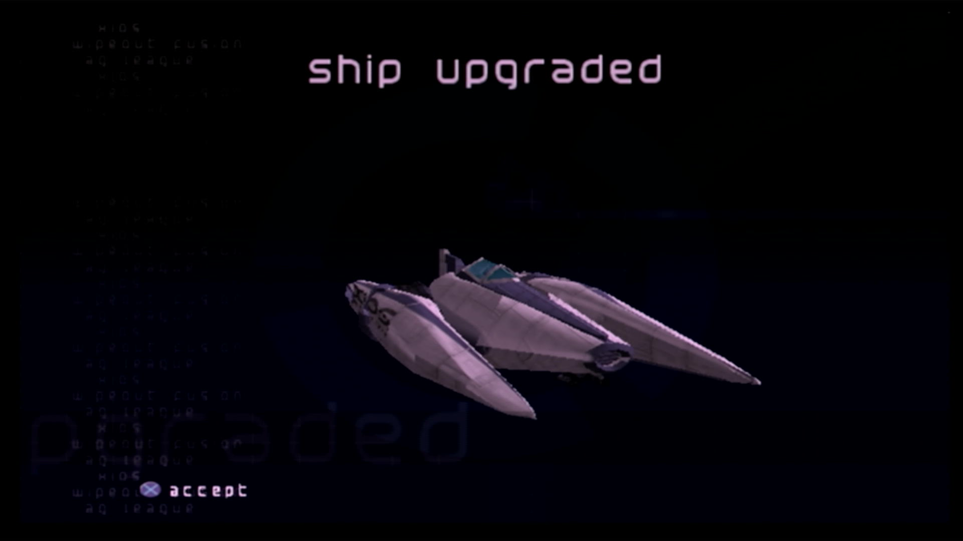 The screen showing off the visual changes as the result of upgrading a ship in Wipeout Fusion, showing the final design of the Xios craft.