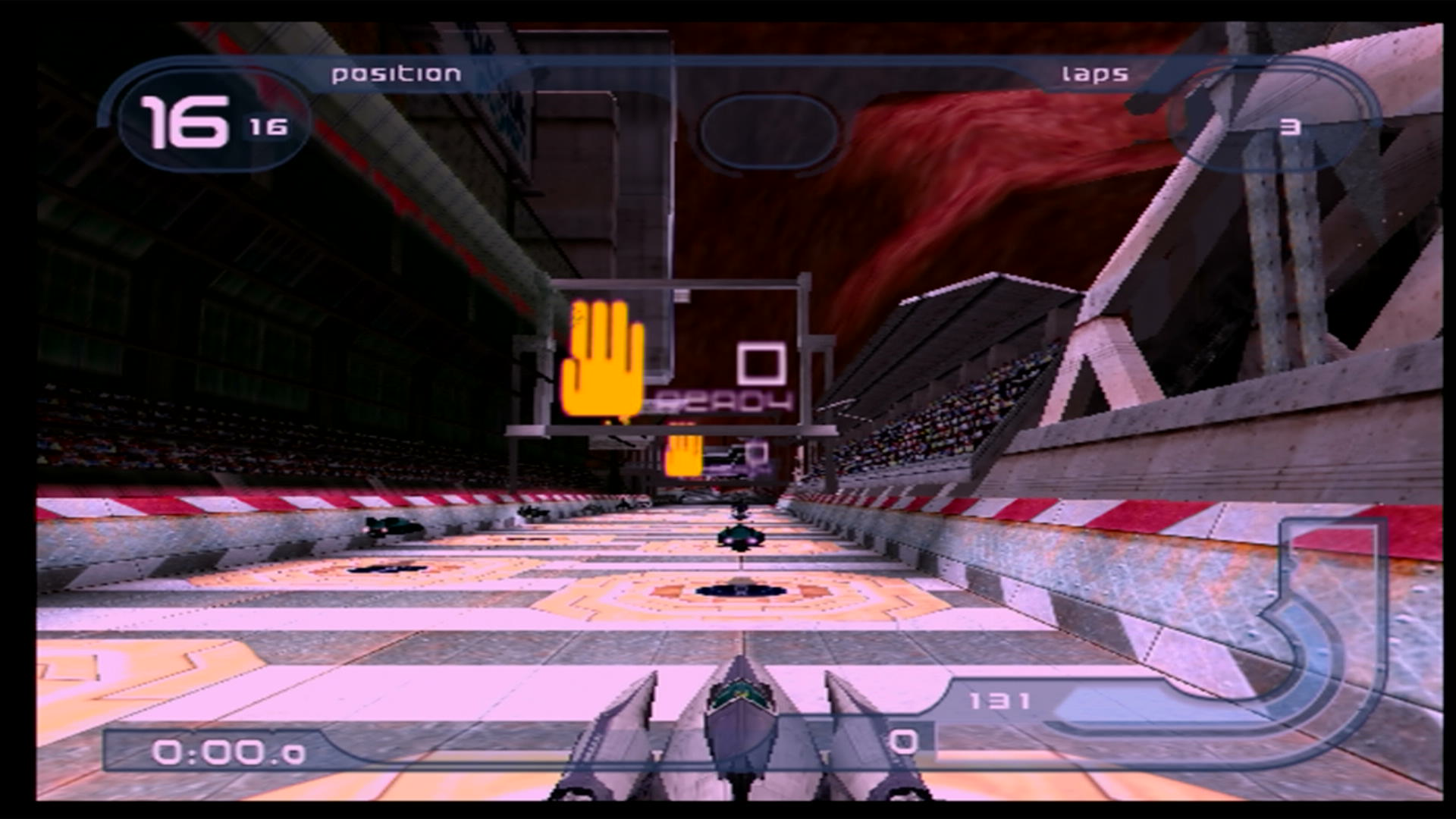 The start of a race in Wipeout Fusion from the Tetmesh Bay circuit, using the prototype version of the Xios that is now a triple-hull white and silver craft.