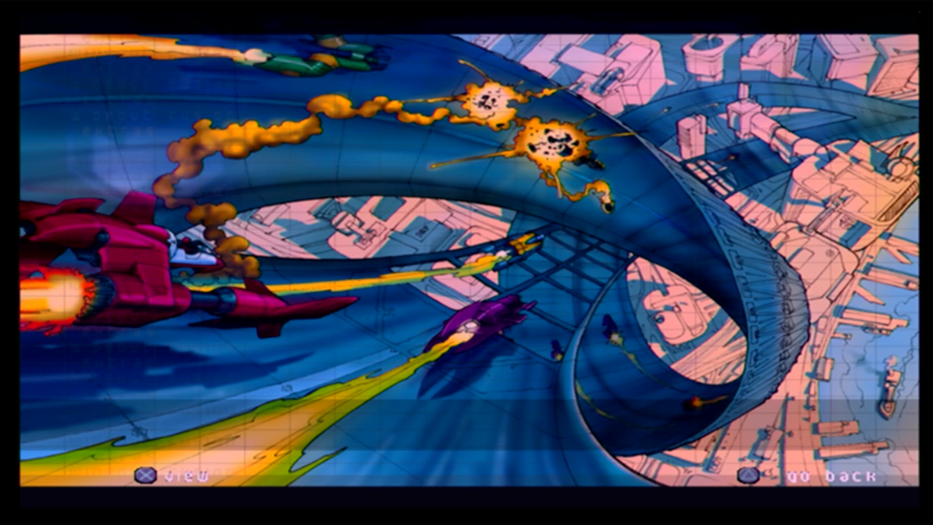 Concept art for Wipeout Fusion, showing two sets of tracks, one twisting around the other, as crafts are in the middle of combat and racing.