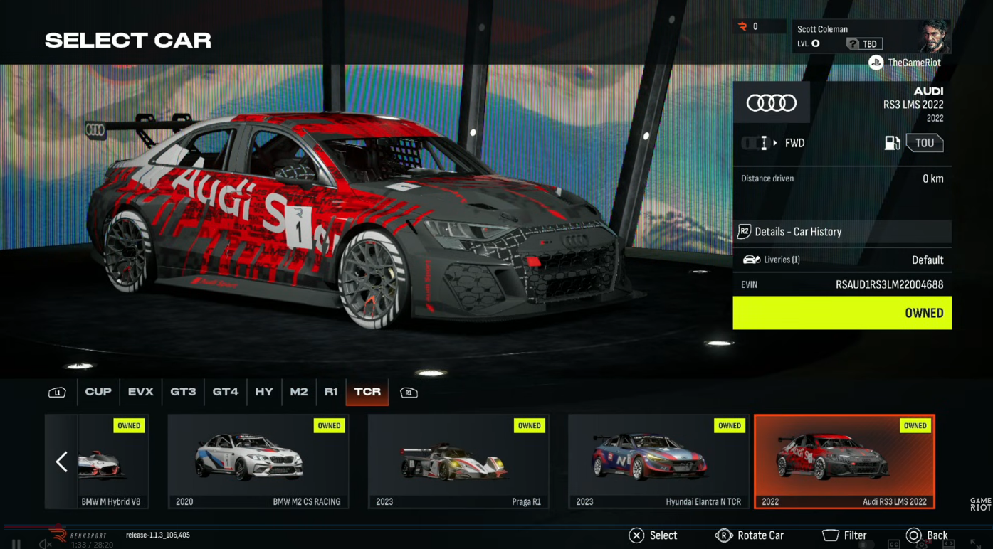 The car selection screen from Rennsport, with the Audi RS3 LMS being highlighted. The grey and red touring car has an electronic vin tied to it and is in the default livery. 