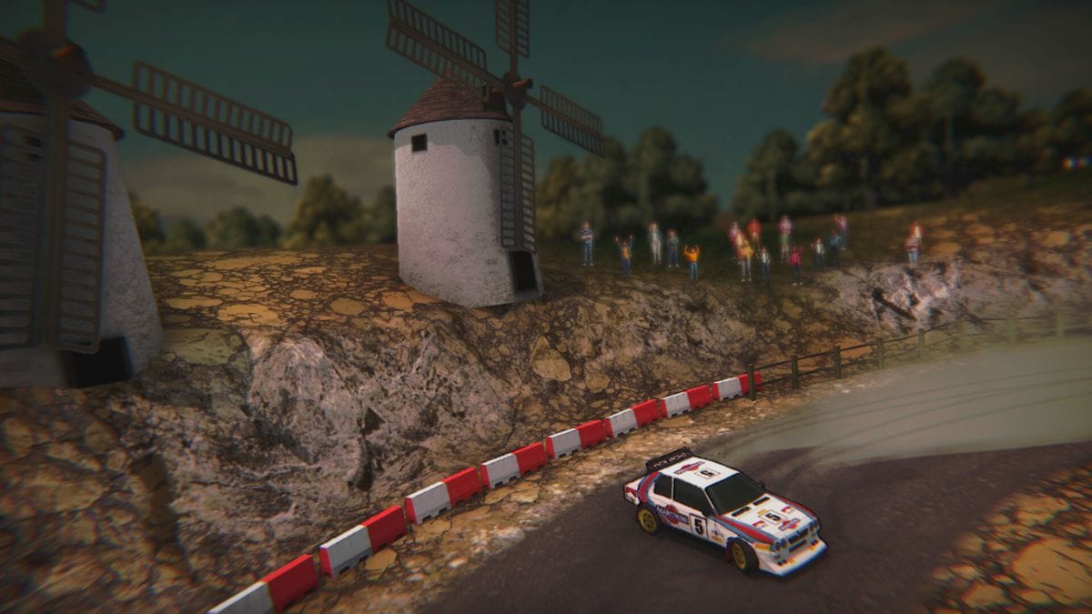 A boxy, 1980s Italian hatchback rally car in the middle of a slide through a paved corner in Super Wooden: Rally Edge.