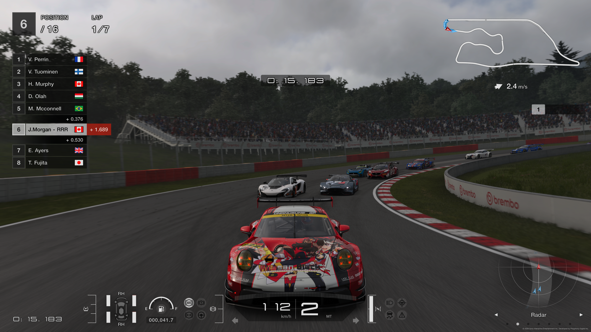 A in-race screenshot looking back at the front of the Kitasan Black Umamusume Porsche 911 GT3 R with a pack of Group 3 cars behind at Deep Forest. They are in the middle of the first hairpin at the start of the lap.