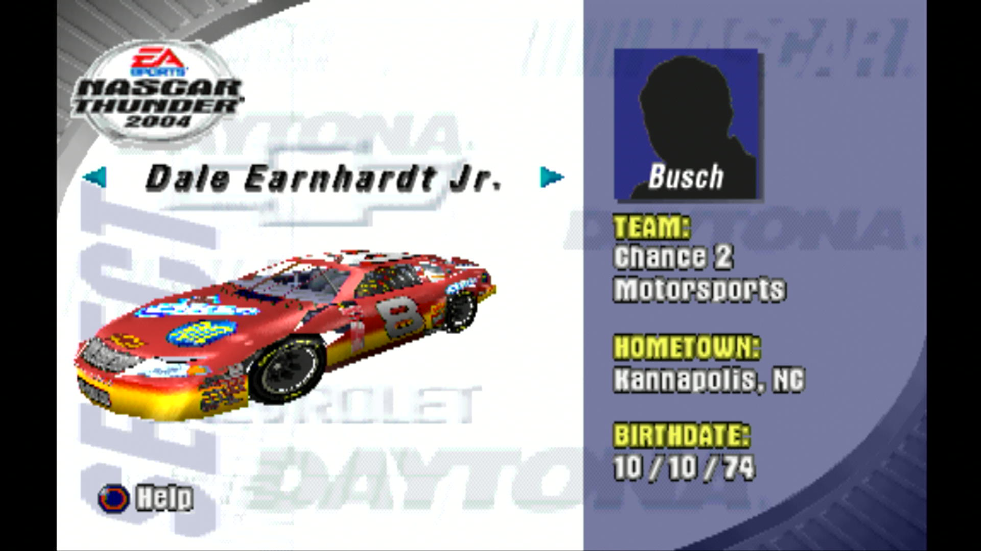 The car selection screen for NASCAR Thunder 2004 on the PS1. on the left it shows the 3d model of the car, though missing some polygons due to rendering issues from playing it on a Playstation 3. It's for Dale Earnhardt Jr.'s Busch Series Oreo Ritz car, and he is missing a driver portrait on the right. It's just a silhouette of a person, that says Busch on the bottom of it.