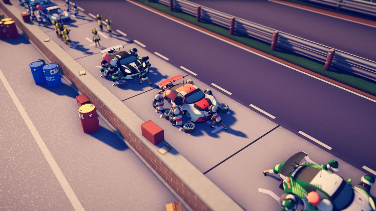A screenshot of Circuit Superstars, with five GT-style racing cars all in the pit stops for service from their respective crews.