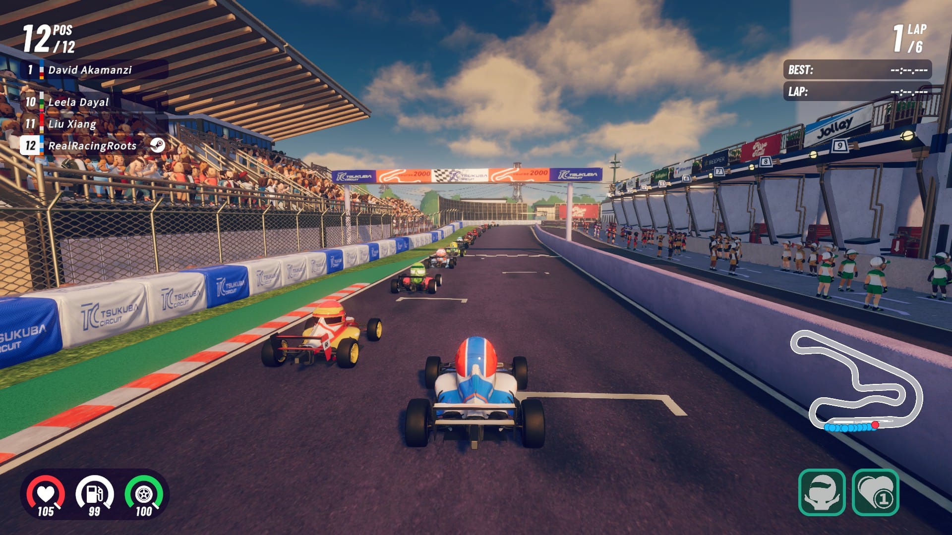 The start of a race in iRacing Arcade, featuring Formula 4 cars at Tsukuba. Notably, all the driver's heads have blown up in size to where it's clipping through the roll hoop.