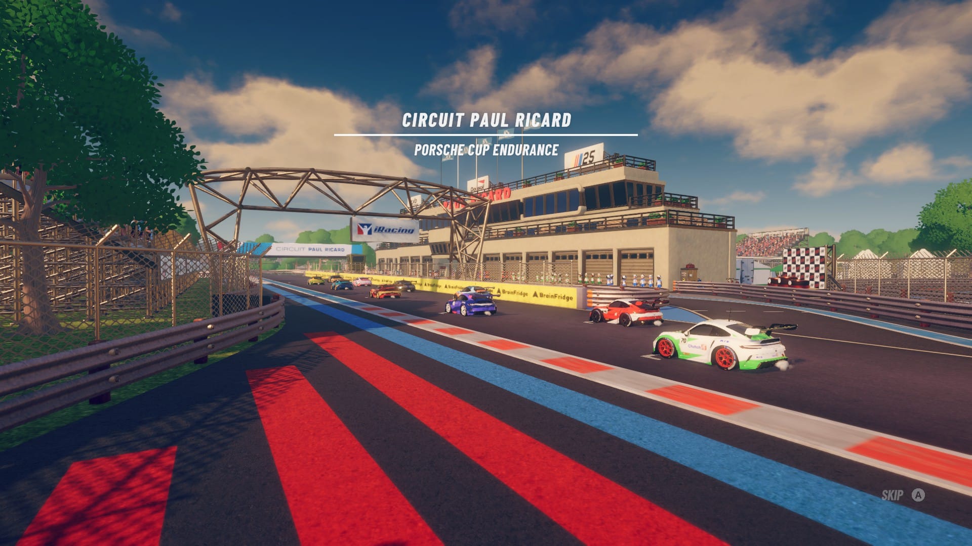 A starting race cinematic from iRacing Arcade, showing the starting grid for a race at Paul Ricard featuring Porsche 911 GT3 Cup cars. There is a warm glow to the color palette while still being bright and vibrant, with Paul Ricard's signature painted concrete off track sticking out in red and blue.
