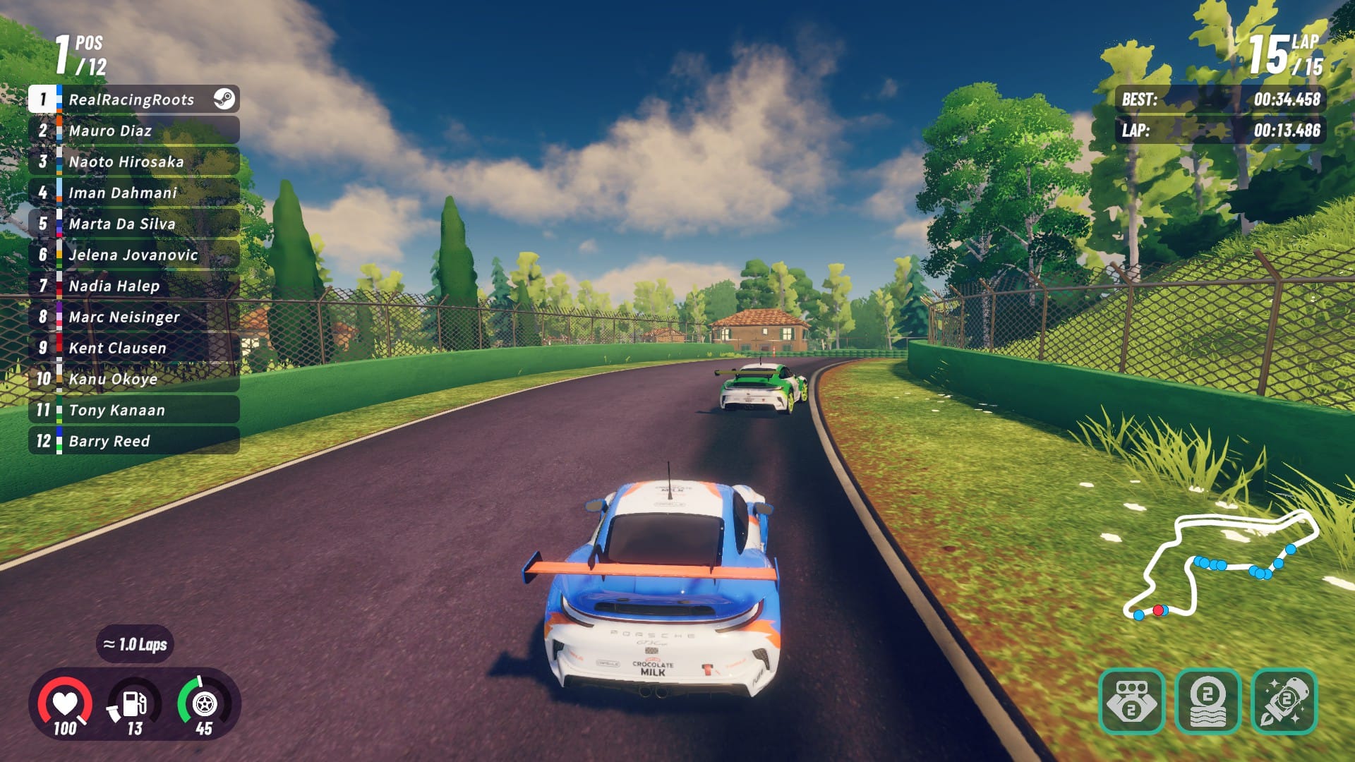 In the middle of a race at Imola using the Porsche 911 GT3 Cup car in iRacing Arcade. I am in the lead, about to lap Tony Kannan on the last lap of the race.