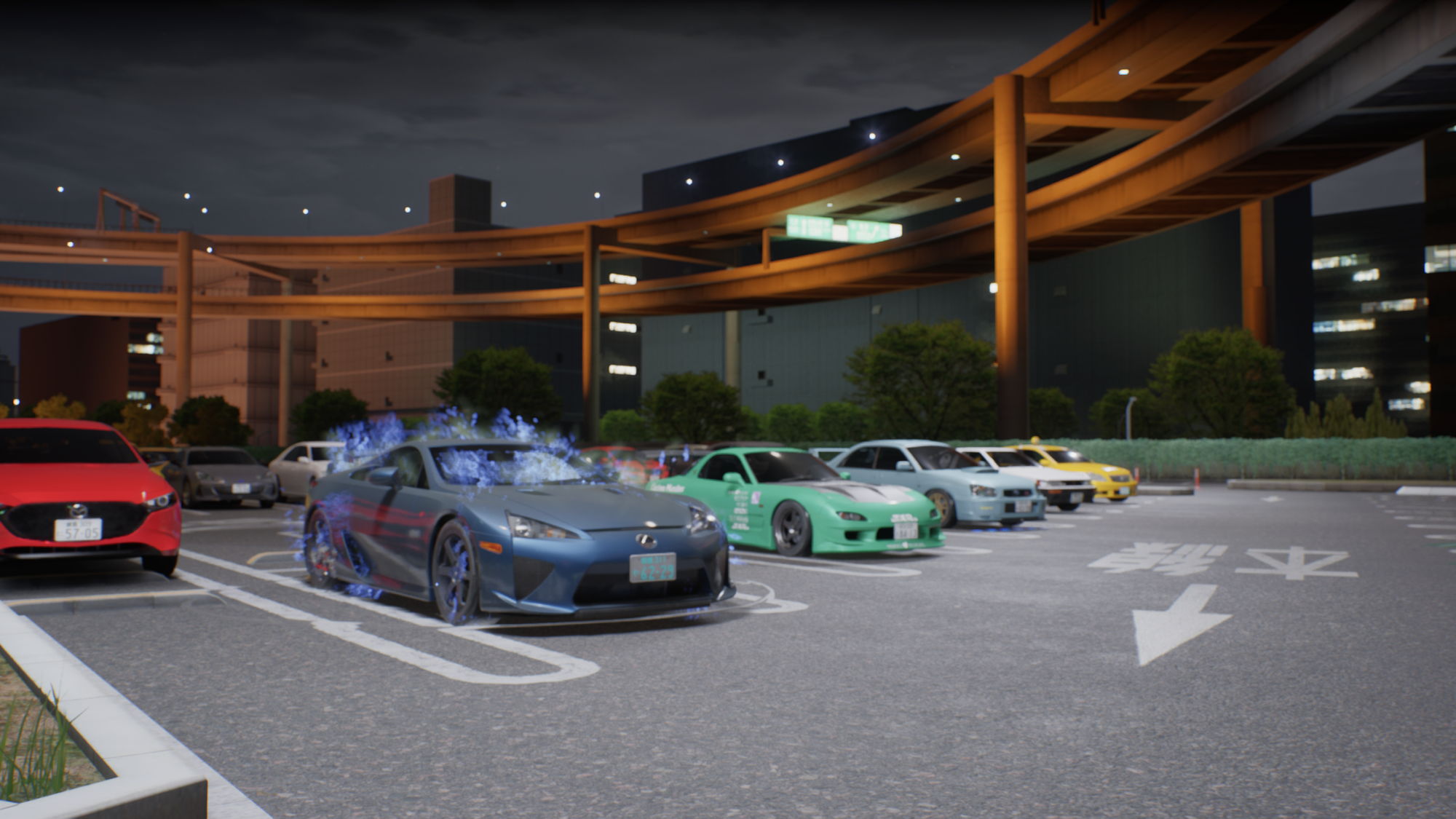 Five cars parked in a row at the Daikoku Parking Area in Tokyo Xtreme Racer. The closest one is a dark blue Lexus LFA supercar that has a blue fire aura emenating from it.