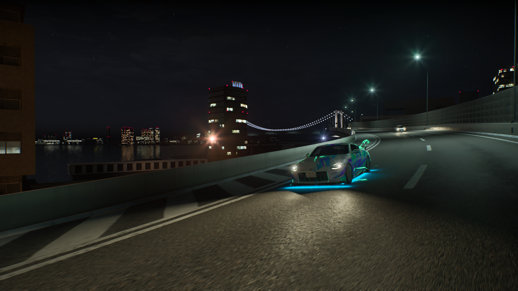 A White Nissan Z with Solo Jazz cup graphics on the side and hood driving away from the Rainbow Bridge in Tokyo Xtreme Racer. It has matching teal lighning aura and light blue neon underglow.