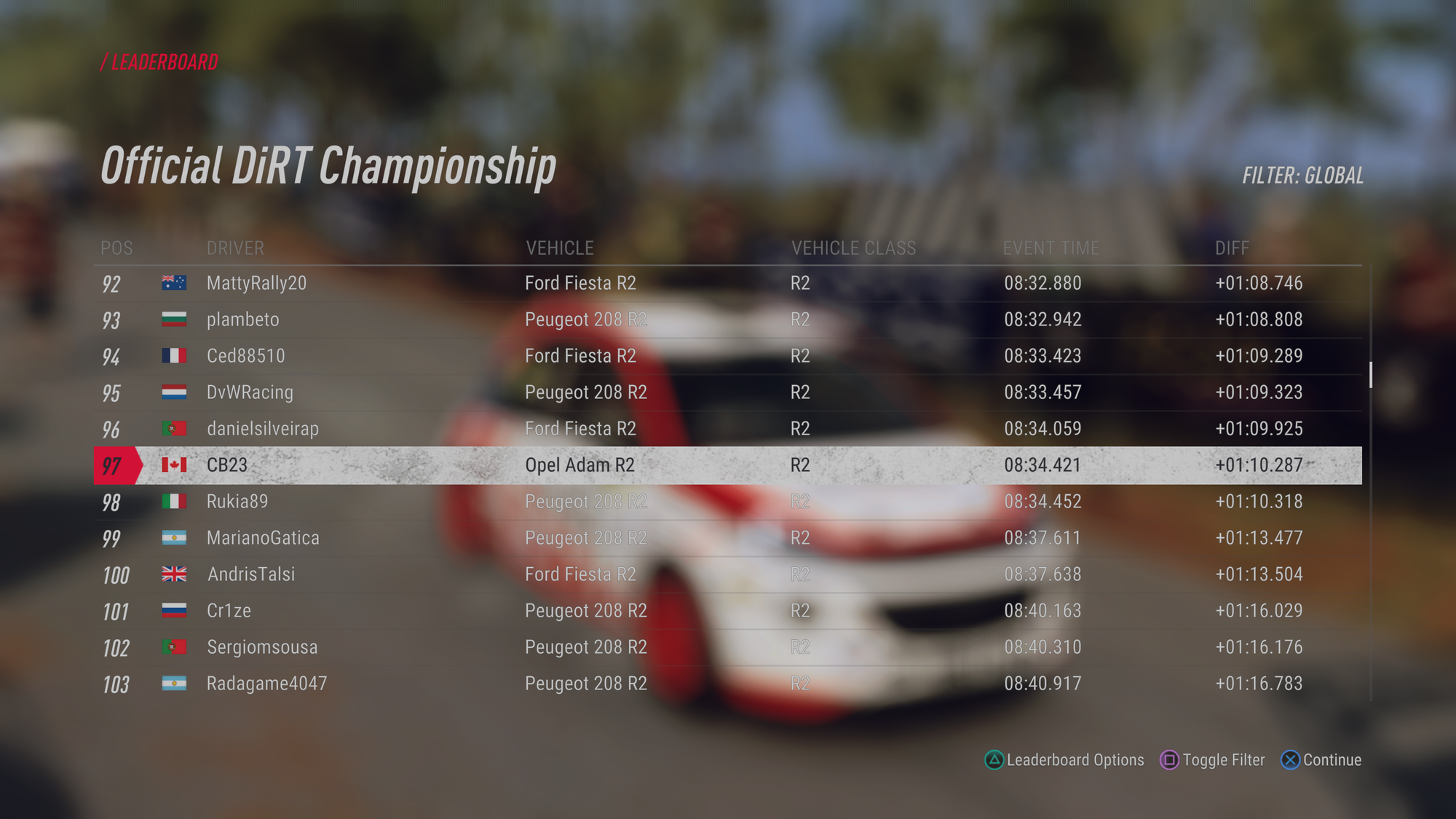 The leaderboard for a Racenet Club rally in DiRT Rally, with a replay of the stage that was just run blurry to serve as the background. I finished 97th on the stage, 70 seconds behind the winner in a Opel Adam R2.