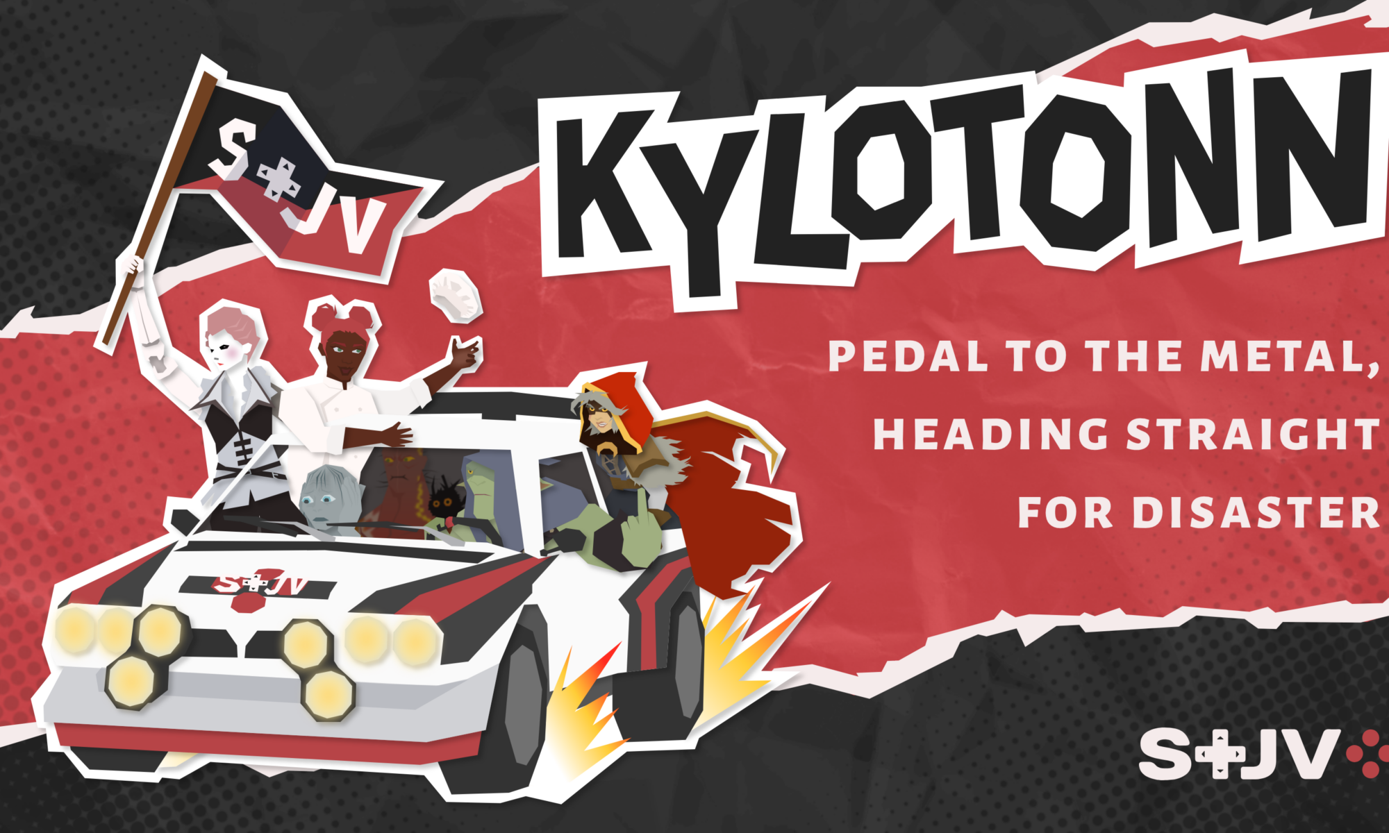 A graphic made by Le Syndicat des travailleurs et travailleuses du jeu vidéo that says "Kylotonn, Pedal to the metal, heading straight for disaster" It has a Lancia Delta S4 rally car with a bunch of organized video game characters hanging out of it with one waving a union flag.