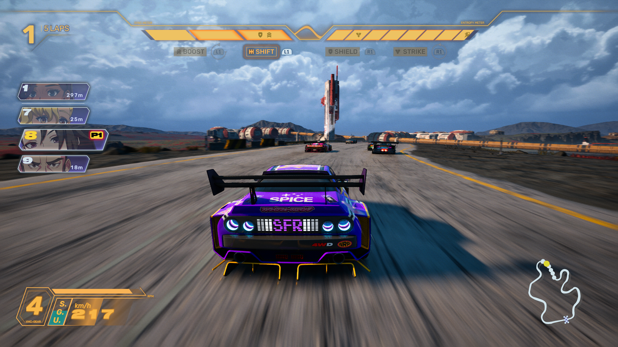 Part way through the first lap of a race in Screamer, with the race taking place in a deserted industrial plant in the desert.