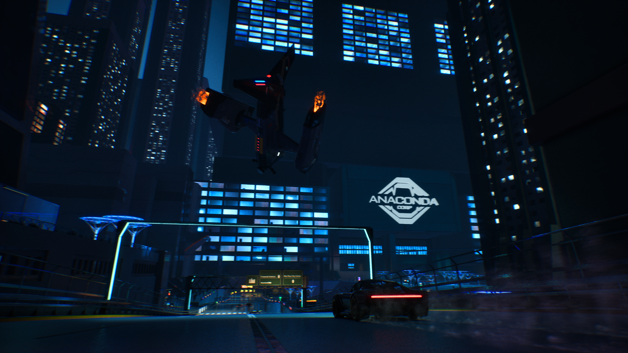 A VTOL helijet following a car through a urban roadway, there's a big Anaconda Corp billboard against the building they're about to drive past.