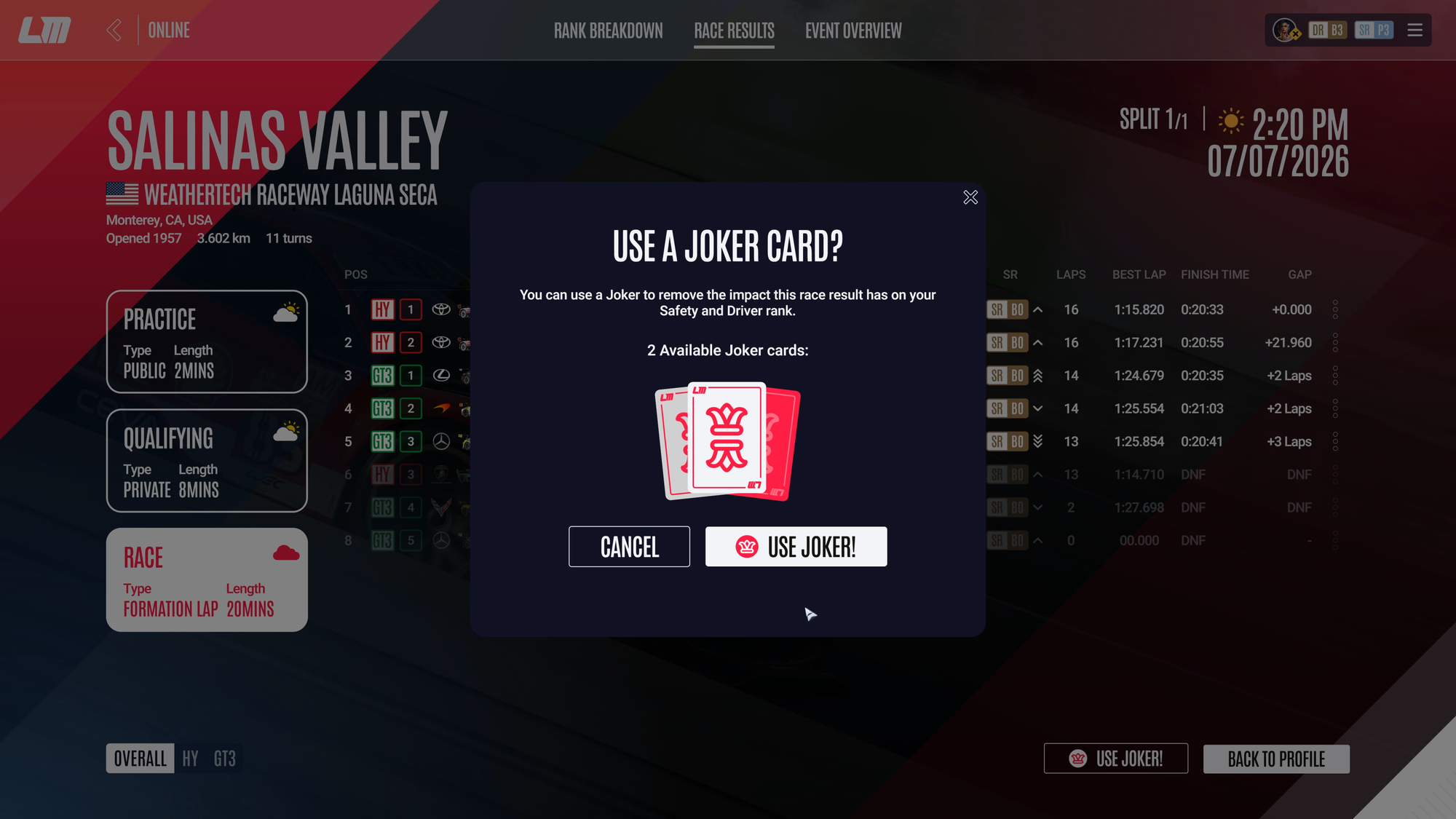 In the menus for Le Mans Ultimate, showing a Event Joker about to be used. It says "You can use a Joker to remove the impact this race result has on your Safety and Driver Rank."