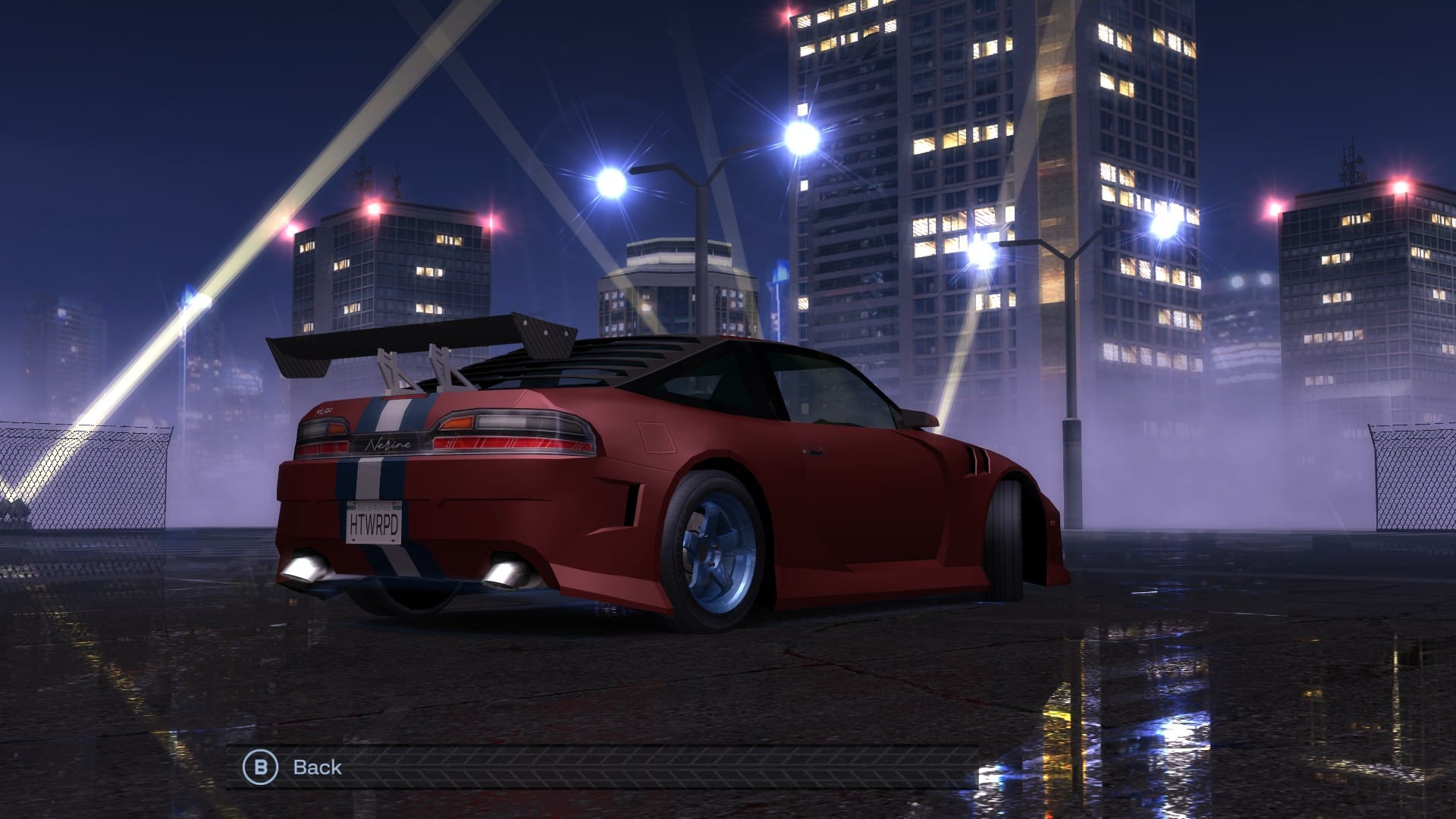 The rear quarter of a maroon, with blue and white striped modified tuner car in a parking lot. The wheels are blue to match the stripe and the mufflers have a kickdown exhaust tip.
