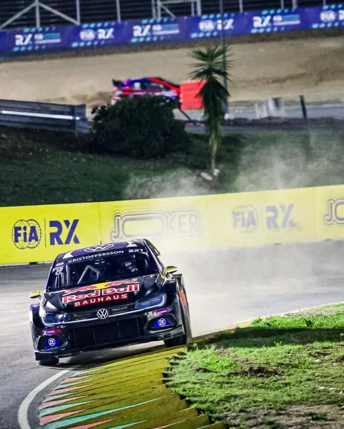 Johan Kristoffersson going through the paved joker lap in his VW Polo at the Lousada Circuit.