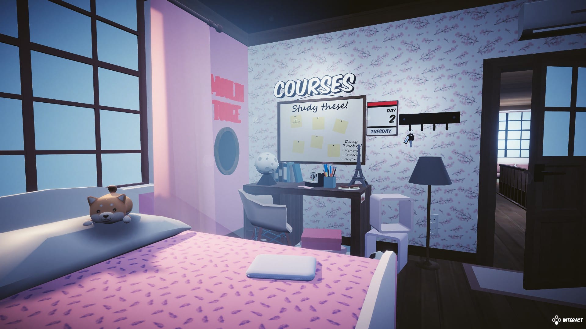 The main hub of the single player campaign, being Asuka's bed room. There is a laptop on the bed, a whiteboard above her desk, and it says which day the campaign is on as well as what day of the week it is.