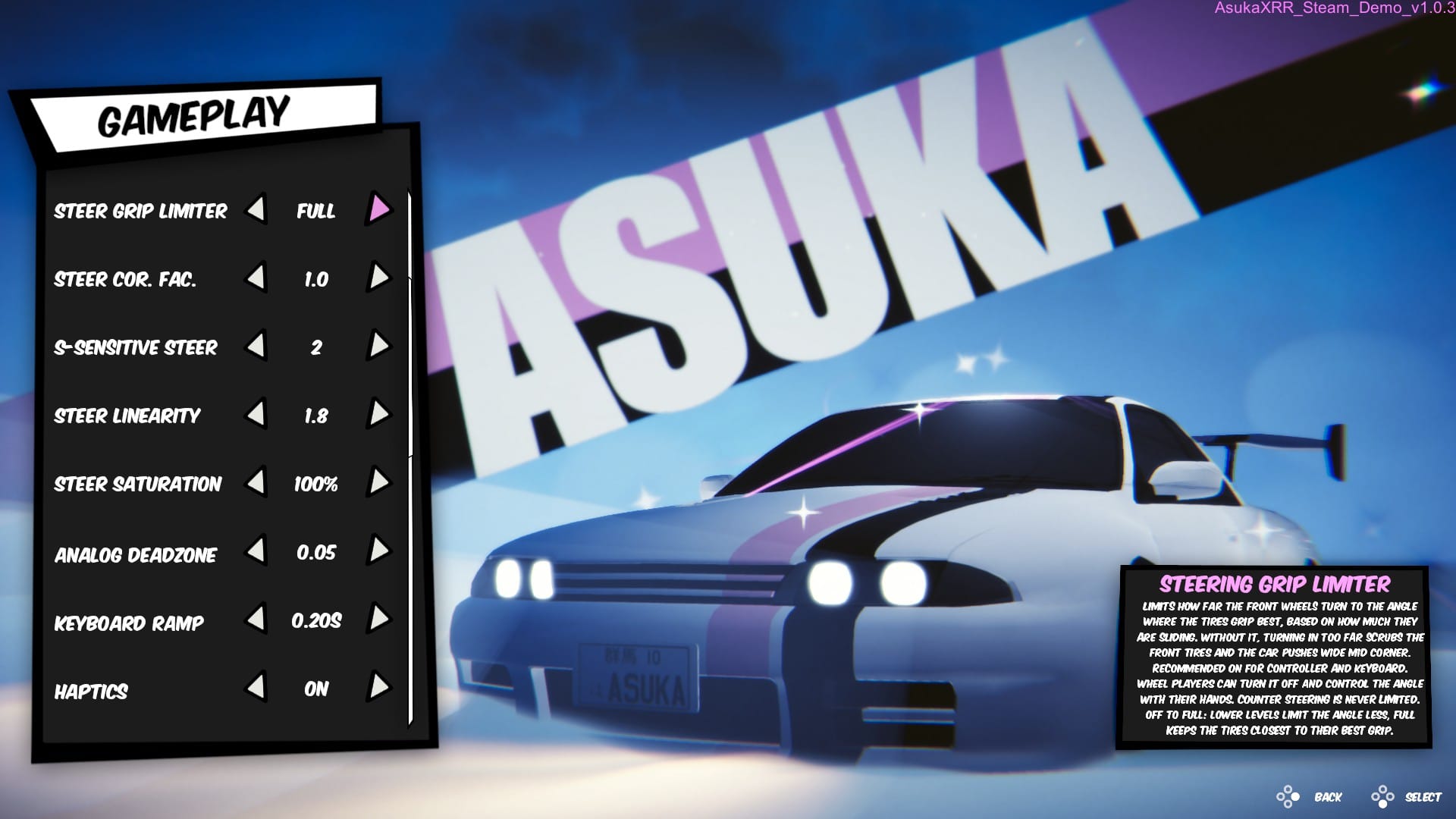 The gameplay options menu for ASUKA x Redline Reverie, showing the different options for controller filtering on the left, and the description for the highlighted option on the bottom right. 