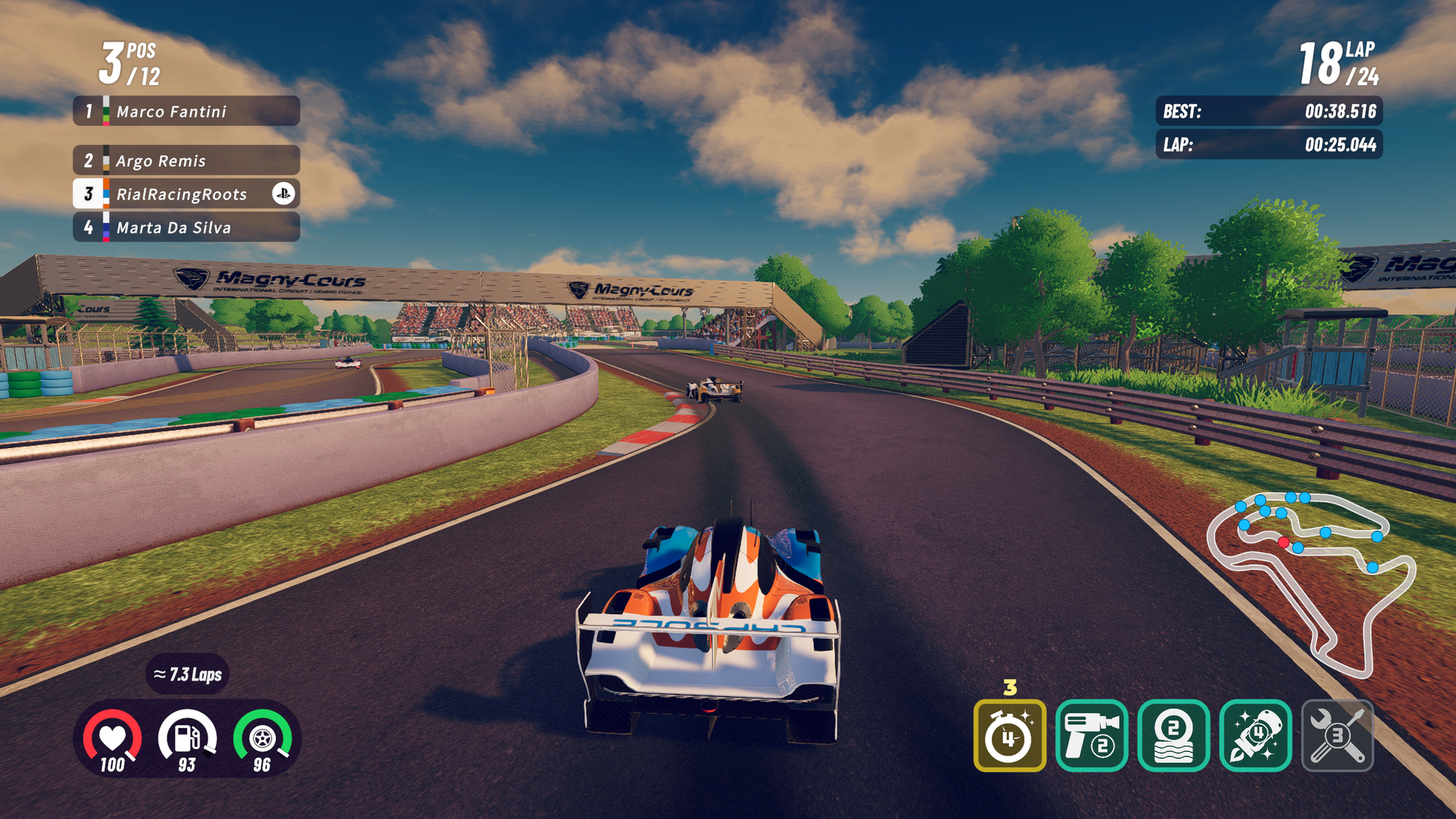 Screenshot from iRacing Arcade. We have a IMSA GTP car in hot pursuit of another one ahead at the fast chicane section at Magny-Cours.