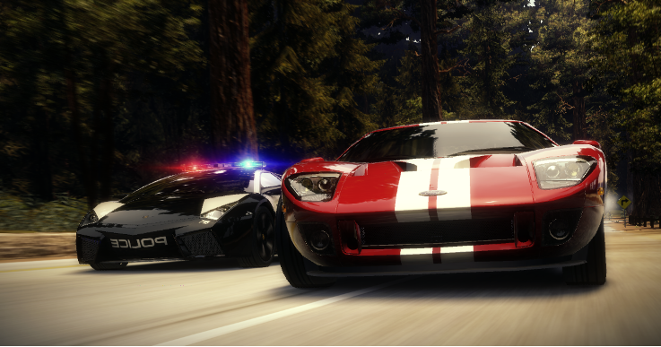 A screenshot of Need For Speed Hot Pursuit 2010 showing a red and white stripped Ford GT side by side with a Lamborghini Reventon police car.
