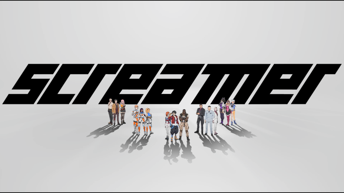 The anime title card for Screamer, featuring the five teams of three drivers each all posing together.