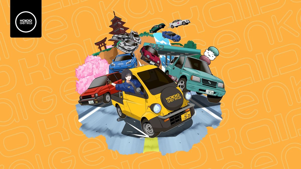 The title screen to Kaido Genkai, featuring a collage of all the different cars and scenery seen in the game.