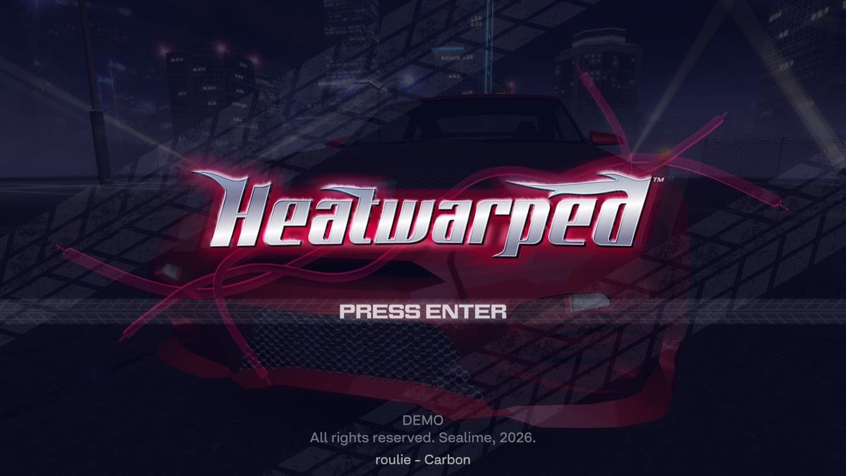 The title screen for the Heatwarped demo, with a modified car in the background behind the game logo.
