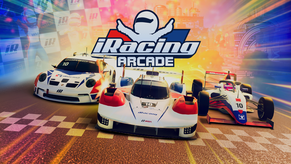 The title screen to iRacing Arcade on consoles, featuring a IMSA GTP, Porsche 911 Cup Car, and FIA Formula 4 car.