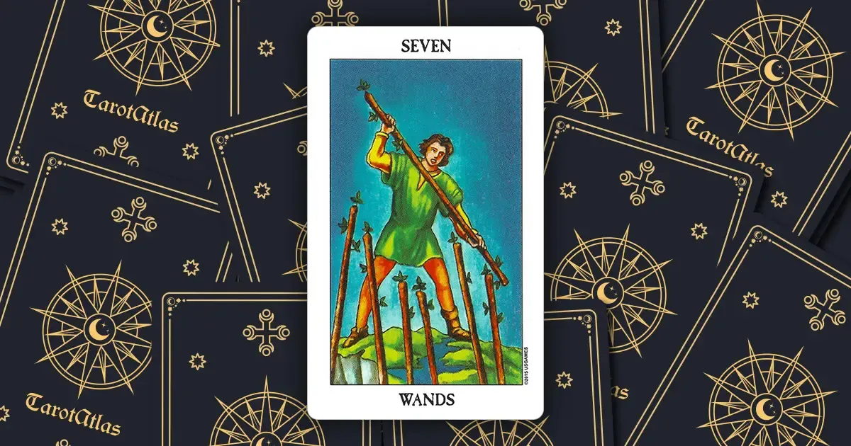 The tarot card Seven of Wands against a dark grey and gold backdrop of tarot cards. It has a man, wearing two different shoes, holding a wand and being confronted by six more wands.