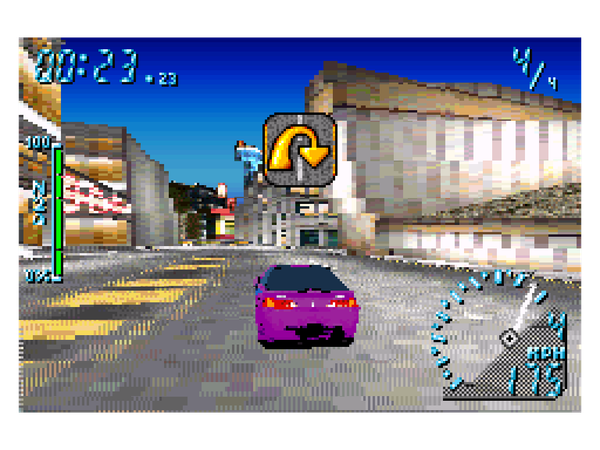 A purple Acura RSX driving on a sprint track in Need For Speed Underground for the Gameboy Advance, with the turn around sign on the screen because of going the wrong way.