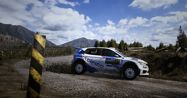 A Skoda Fabia rally car going through a corner at speed, dirt being flung from it's tires. It's driving through a clear-cut forest, with the Fabia mostly white with blue and orange.