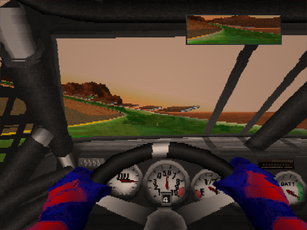 A POV shot behind the wheel of a NASCAR stock car as it races on a martian race track. The track surface itself is green and see through.