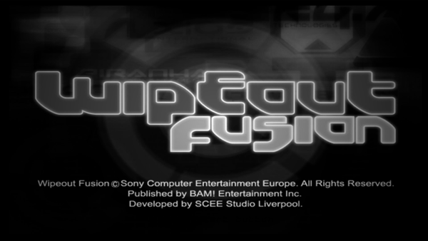 The title menu for Wipeout Fusion, edited to be black and white.