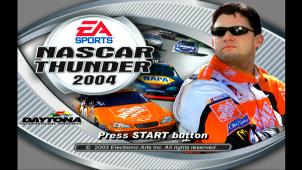 The title screen for the Playstation 1 version of NASCAR Thunder 2004. It's a slightly zoomed in version of the same title screen from the PS2 version, but now has the Daytona logo on it.