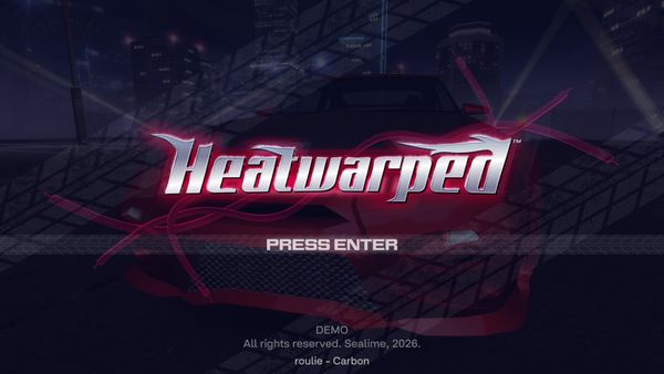 The title screen for the Heatwarped demo, with a modified car in the background behind the game logo.