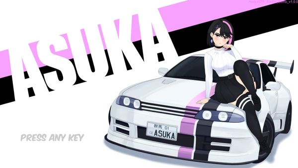 The title menu to ASUKA x Redline Reverie, which features Asuka posing on top of her white with pink and black striped sports car.