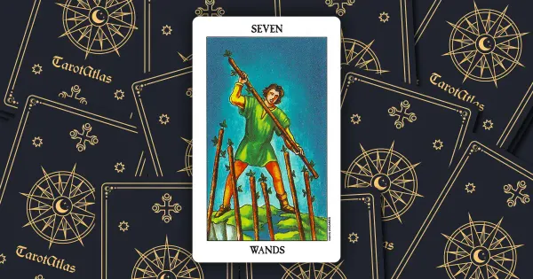 The tarot card Seven of Wands against a dark grey and gold backdrop of tarot cards. It has a man, wearing two different shoes, holding a wand and being confronted by six more wands.