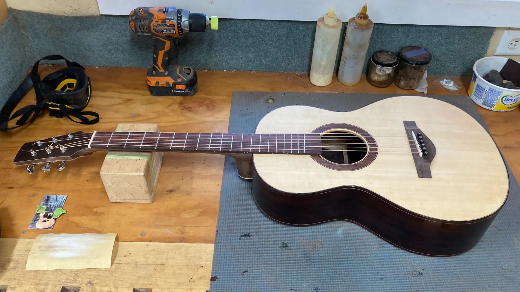 An image showing my guitar during set up on the second last day of the course at Blackwood.