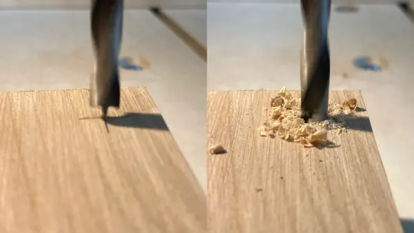 An image showing a controlled approach of the bit to the workpiece on a drill press on the left, and a controlled plunge on the right.