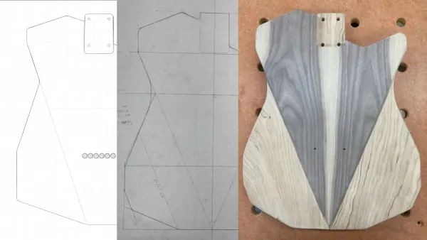 A photo showing drawings and a prototype of a new guitar body.