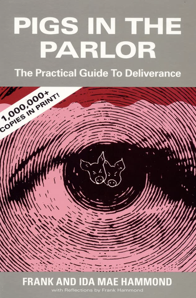 A picture of the cover of a recent edition of the book Pigs in the Parlor: The Practical Guide to Deliverance by "deliverance ministers" Frank and Ida Mae Hammond. The cover states that there are over one million copies in print, and below the title it depicts a closeup of a human eye in which the faces of two pigs, representing demons, can be seen in the pupil. There are concentric circles in black ink spreading outward from the pupil, and the rest of the eye is pink and (at the very top) red, making for a quite "trippy" illustration.