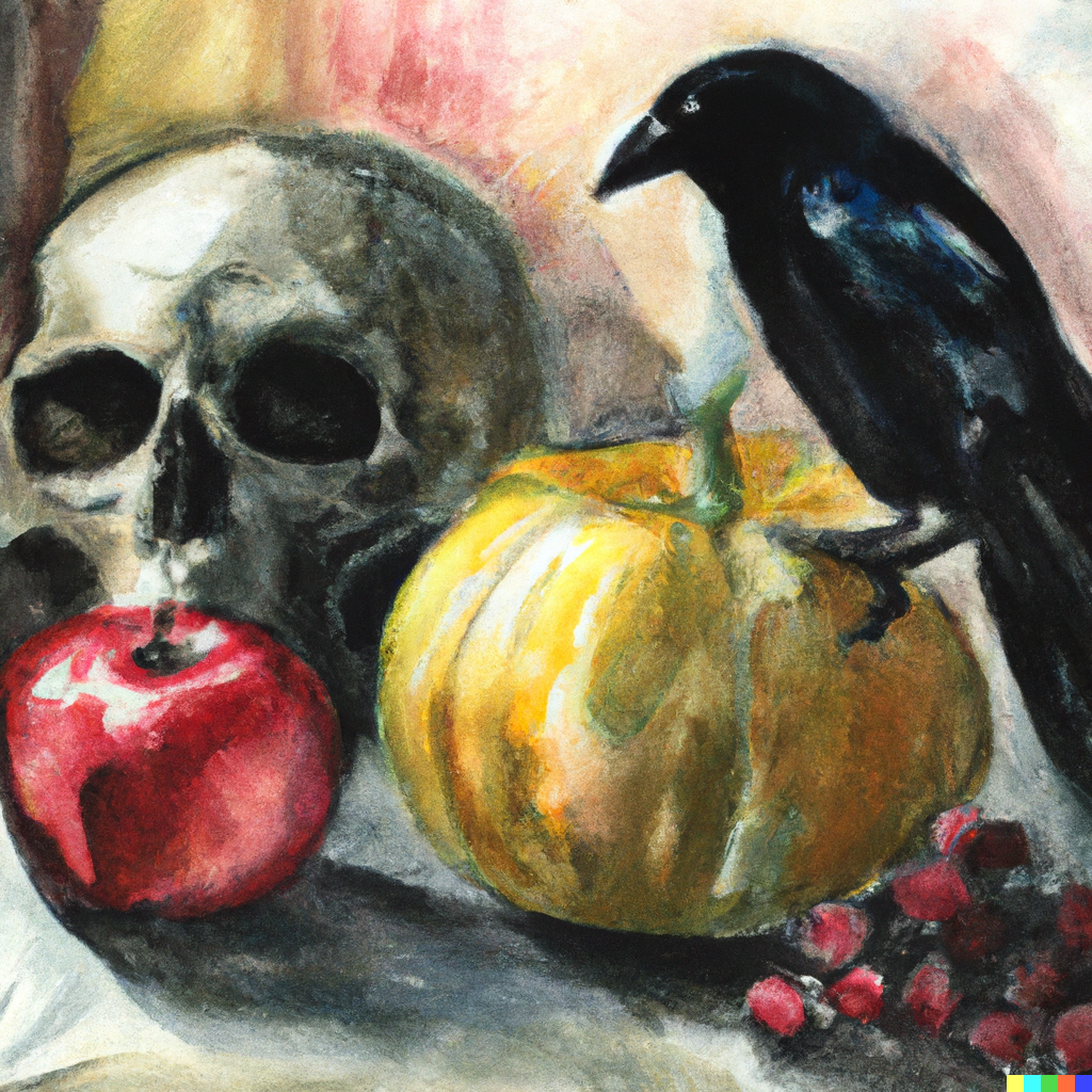 An AI-generated watercolor style still life with a skull in the back left corner, a red apple in front of it, and a yellow pumpkin to the right of the apple. A raven is perched on the pumpkin. There are also some red berries in front of the pumpkin.
