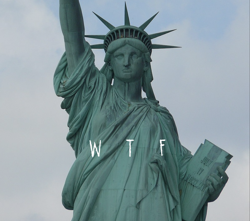 A cropped frontal picture of the Statue of Liberty with the letters WTF emblazoned across her robe in white.