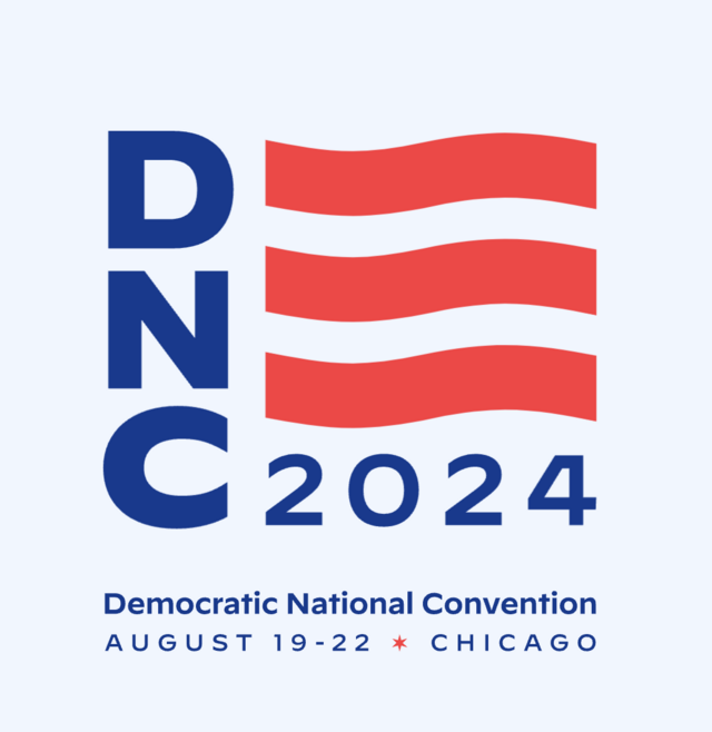 The logo consists of DNC 2024 in blue lettering wrapped around (from the left side to the bottom) of red and white stripes, so that it is reminiscent of the American flag. At the bottom it says Democratic National Convention. August 19-22. Chicago.