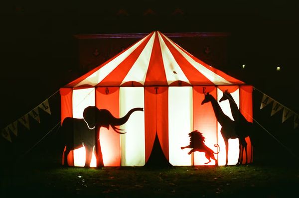 A red and white striped faux circus tent in a dark space. The tent is backlit, and projected on it are silhouettes of an elephant, a lion, and two giraffes. 