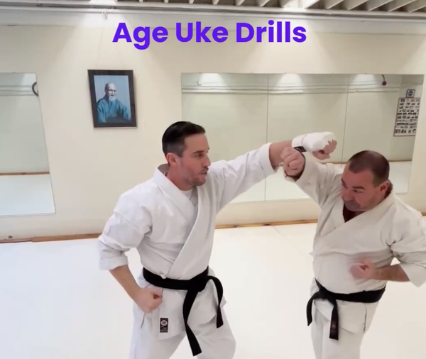 Two karateka practicing age-uke (rising block) drills