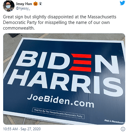 Massachusetts Democratic Party Spells ‘Massachusetts’ Wrong On Joe Biden Lawn Signs
