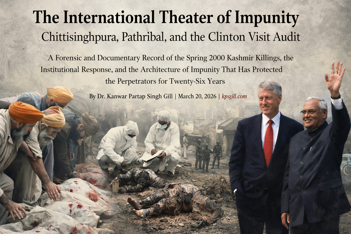 Sikh mourners beside shrouded victims while forensic investigators examine charred bodies, representing the Chittisinghpura massacre and the Pathribal fake encounter.